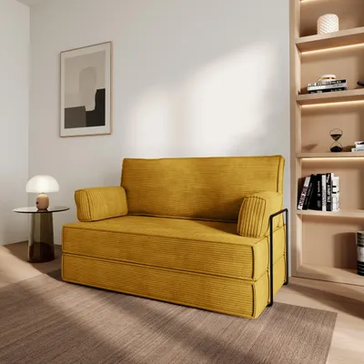 Produktbild von Masseno Schaumstoffsofa LADIA mit Schlaffunktion, Schlafsofa, Wohnzimmersofa, Couch, Sofa, Bettsofa, Kordstoff – Gelb POSO 01