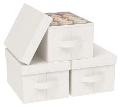 Image de Boîtes de rangement pliables avec couvercle, lot de 3, couleur beige