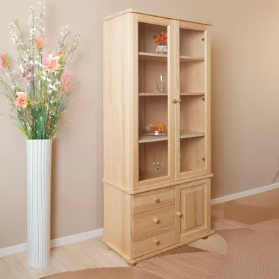 Produktbild von Massivholz Vitrine Natur 195x84x42 cm mit 2 Glastüren und 3 Schubladen