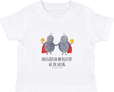 Produktbild von Mr. & Mrs. Panda Babyshirt Sternzeichen Zwilling 0. - 6. Monat - Weiß - Geschenk, Baby Kurzarmshirt, Zwillingsschwester, Glückskäfer,  T-Shirt, Baumwolle Shirt