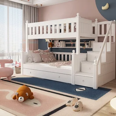 Produktbild von Massivholz Hochbett Stockbett Etagenbett mit Ausziehbett bett 1350x1900mm ohne Matratze