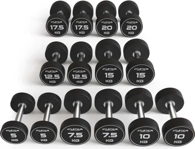 Produktbild von ATLETICA Polyurethan Rundhantel Set | 5 kg - 20 kg | Premium Design | Extrem robustes Kurzhantel Set | Geruchsfrei | Gerader Griff mit Hartchrom