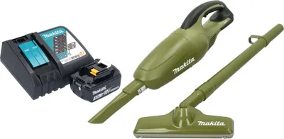 A cordless vacuum cleaner set with accessories, including a charger and battery, displayed against a white background.
