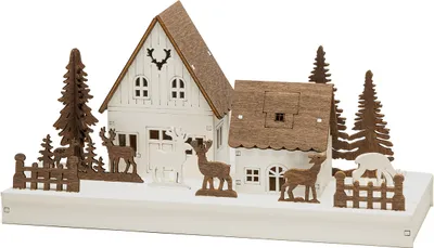 Produktbild von Konstsmide 3282-210 LED Holzsilhouette, "Waldhäuser mit Rentieren", 6H Timer, 6 warm weiße Dioden, batteriebetrieben, Innen, 0,36W, Batterie: 2 x AA 1,5V (exkl.)