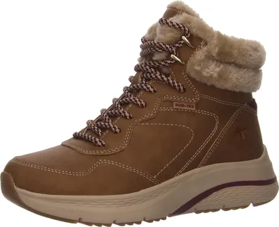 A single brown winter boot is shown against a white background.