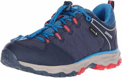 A single blue and red children's hiking shoe is shown against a white background.