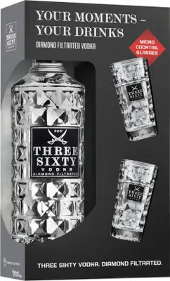 Produktbild von Three Sixty Vodka + 2 Micro Coktail Gläser Geschenkset | 37,5 % vol | 0,7 l
