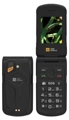 A black flip phone is shown from the front and back, with the screen displaying a nature image.
