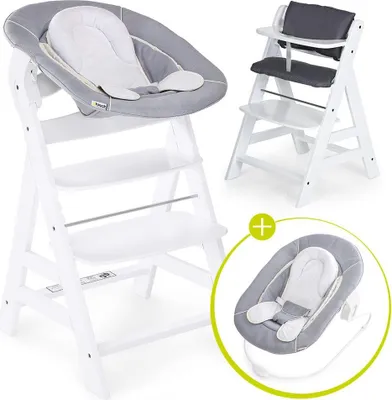 A collage showing a white wooden high chair with a grey newborn set attachment, and a separate image of the newborn set.