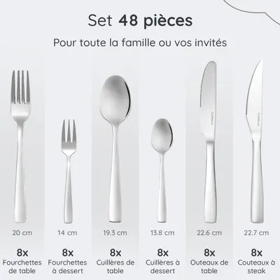 Image de Set de couverts Deleca 48 pièces pour 8 personnes - Lavable au lave-vaisselle Couverts - Couteaux, Fourchettes, Cuillères, Couteaux à steak, Fourchettes à gâteau - Acier inoxydable Brillant