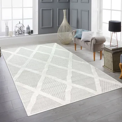 Image de Séjour chambre tapis avec des losanges à motifs différents en gris crème Taille - 160 x 230 cm