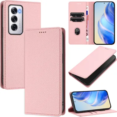 Produktbild von Litchi Leder Handyhülle für Oppo Reno12 Wallet Kartenfächer Standfunktion Hülle Pink