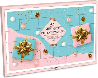 A decorative advent calendar with numbered doors, featuring gift boxes, ornaments, and confetti.