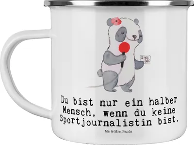 Produktbild von Mr. & Mrs. Panda Emaille Tasse Sportjournalistin Herz - Weiß - Geschenk, Ausbildung, Teetasse, Haferl, Becher, Spruch, Campingbecher, Journalistin, Lustig, Studium, Pott