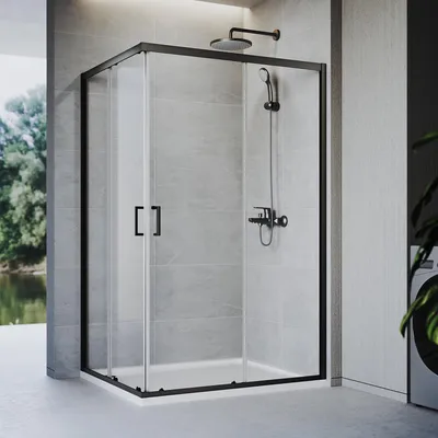 Zdjęcie produktu dla Kabina prysznicowa SONNI 120 x 120 x 185 cm czarna matowa, drzwi przesuwne z górnym i dolnym relingiem, szkło 5 mm, rama drzwi z zakresem regulacji 20 mm