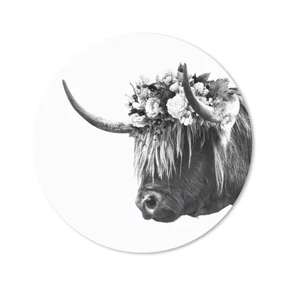 Produktbild von MuchoWow® Mauspad Mousepad Schottischer Highlander - Blumen - Schwarz - Weiß 50x50 cm - Mousepads - Maus Mat - Pad - Mausunterlage - Vinyl