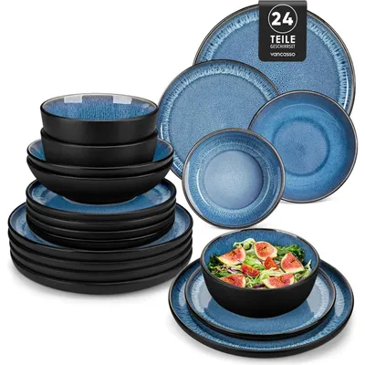 Productafbeelding van Serviesset, steengoed, 6 personen, 24-delig, blauw. Beker, borden, 24-delig, blauw