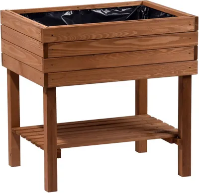A wooden raised garden bed with a black liner, shown against a white background.