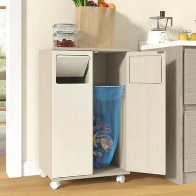 Obrázok produktu pre Skriňa na smetné nádoby 46.7 x 35 x 80 cm, 2-komorové triedenie, pojazdná, 2 dvere, 180°, držiaky z nehrdzavejúcej ocele, svetlé drevo, biela