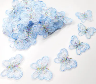 20 Organza-Schmetterlings-Applikationen, Stickerei, Aufnäher, blau
