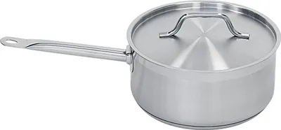 A stainless steel saucepan with a lid and a long handle, shown against a white background.