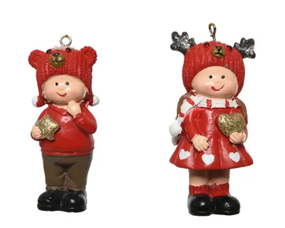 Produktbild von Christbaumschmuck Mädchen / Junge mit Mützen 8cm Keramik 2er Set rot