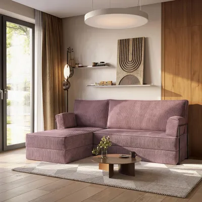 Produktbild von Masseno Ecksofa NOTIA mit Metallgestell, Modulares Schlafsofa aus Schaumstoff, Klappbares Bodensofa, Schlaffunktion - Lila, POSO 130