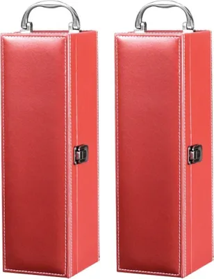 Image de 2 x boîte cadeau pour 1 bouteille de vin | emballage de vin avec fermeture| boîte à vin en [ROUGE] en similicuir pour bouteille de vin de 0,7L | caisse à vin portable pour le vin | idéal pour offrir une bouteille de vin avec style