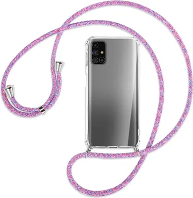 Produktbild von Handykette Backcover-Schutzhülle mit Band (Metall silberfarben) für Samsung Galaxy M31s - lila/rosa/blau