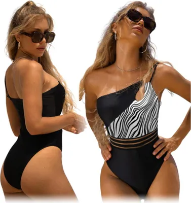 Produktbild von Schwarzer und weißer Zebra-Badeanzug für Damen mit figurformender Wirkung an der Schulter