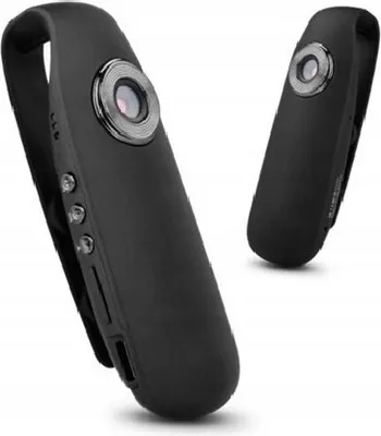A black clip-on camera is shown against a white background, with a second camera in the background.