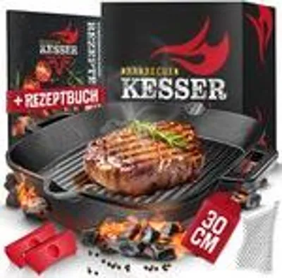 Produktbild von KESSER® Gusseisenpfanne | Gusseisen Grillpfanne Induktion für Grill & Backofen voreingebrannt | Inkl. Schutzgriffe, Rezeptbuch und Ringreiniger - 30 cm