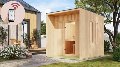 Produktbild von Karibu Saunahaus Außensauna Gartensauna Außensauna LAGUNA naturbelassen 220 x 288 cm inkl. 9kw Ofen finnisch und HUUM WIFI Steuergerät Sparset 38mm Wandstärke