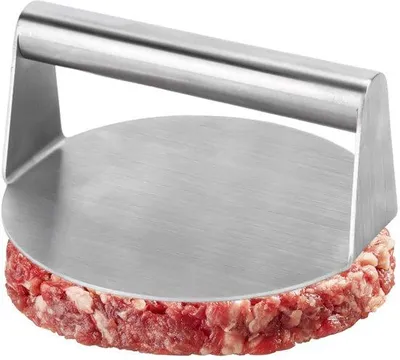 Imagen del producto de Ibenzoa®: Prensa para hamburguesas de 16 cm, acero inoxidable de 2 mm, apta para lavavajillas. Base plana, ideal para hamburguesas, carne para la parrilla y pan plano
