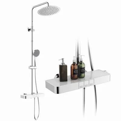 Produktbild von Homelody Duschsystem mit Thermostat und Glasablage, Brausegarnitur 3 Wasserausgabemodi, 12 Zoll Regendusche, Chrom