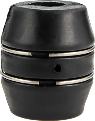 A close-up studio shot of a black Schlauchgewicht (hose weight) with silver bands.