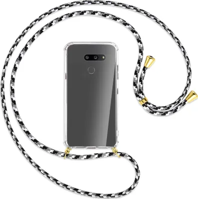 Produktbild von Handykette Backcover-Schutzhülle mit Band (Metall goldfarben) für LG G8X ThinQ - schwarz/grau/weiß