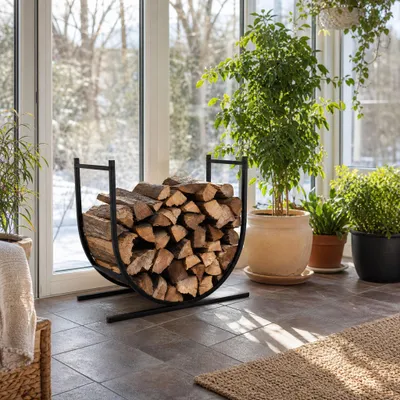 Produktbild von YARDIN Brennholzregal U-förmig Schwarz, pulverbeschichtetes Stahl Kaminholzregal mit Tragegriffen, rustikales Design Innen & Außen, 1 Stück