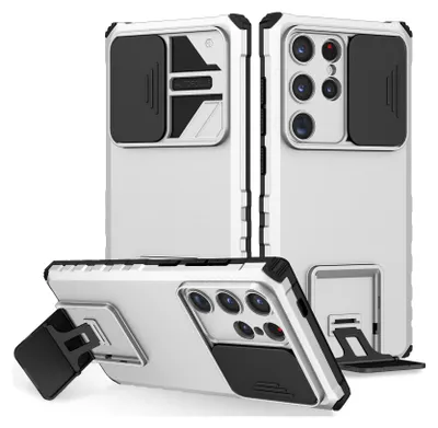 Multiple views of a white and black phone case with a sliding camera cover and a kickstand.