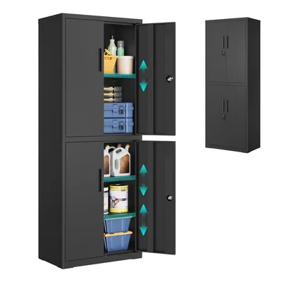 A black metal storage cabinet with its doors open, revealing shelves with various items.