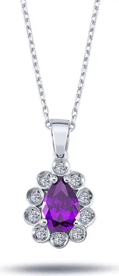 Produktbild von Halskette mit Anhänger Tropfen Amethyst und Diamanten Brillant-Schliff in 14 Karat Weißgold