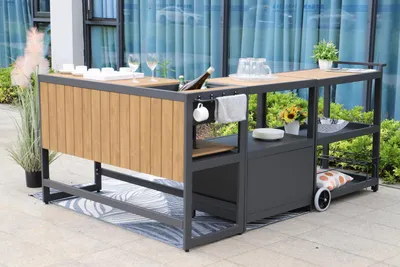 Produktbild von GORILLER ® Bartisch aus Aluminium 3-teilig, Außenküche inkl. Servierwagen Eiskübel und Schrank anthrazit, Holzoptik