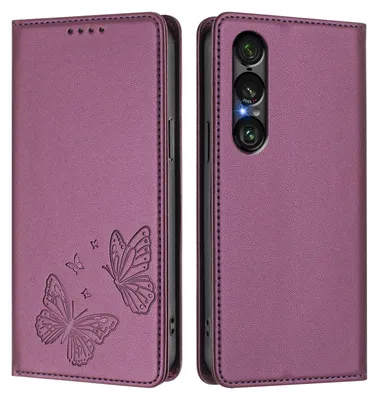 Image de Étui en cuir pour Sony Xperia 1 VII, motif papillon, étui à rabat avec porte-appareil, violet