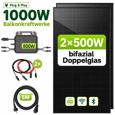 Produktbild von GreenSun Solar 1000W Balkonkraftwerk BIFAZIAL FULLBLACK komplett Steckdose MARSTEK 800W Wechselrichter, PV Solaranlage, 5m Kabel, Bluetooth WIFI