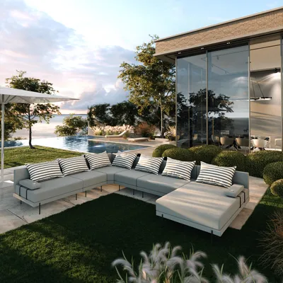 Produktbild von TRADA Gartenecksofa Bahama XXL Streifen Grau Links 410x298 cm Gartenmöbel set Wasserabweisend Stoff