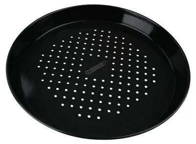 Produktbild von FMprofessional Pizzablech gelocht Ø 32 cm BBQ, Backblech für tiefgekühlte & selbstgemachte Pizza, emaillertes Rundblech, runde Pizzaform, säurebeständiges und hitzbeständiges Blech (Farbe: Schwarz)