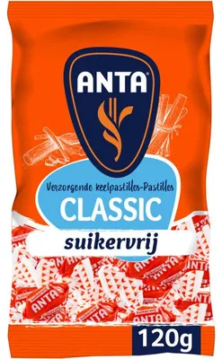 Produktbild von Anta Flu Classic suikervrij Bonbons 120g – Zuckerfreie Hustenbonbons zur Linderung von Halsschmerzen und Hustenreiz