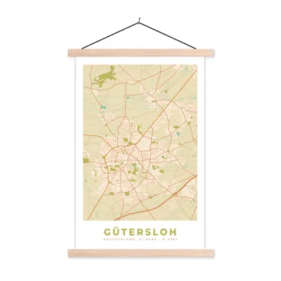 Produktbild von MuchoWow® Textilposter Gütersloh - Karte - Stadtplan - Vintage 120x180 cm mit holzfarbenen Rahmen - Textil-Plakat