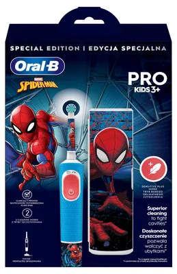 Zdjęcie produktu dla Oral-B | Electric Toothbrush with Travel Case | Vitality PRO Kids Spiderman | Rechargeable | For children | Number of brush heads included 1 | Number of teeth brushing modes 2 | Blue