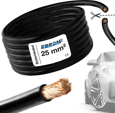 Produktbild von EBROM - FLY Fahrzeugleitung - KFZ Leitung – Batteriekabel SCHWARZ – Querschnitt 25mm2 - Meterware – flexibel 90 ± 5 Shore - 99,9 % OFC Kupfer (VOLLKUPFER) Mantel Spezial PVC FLY FLRy